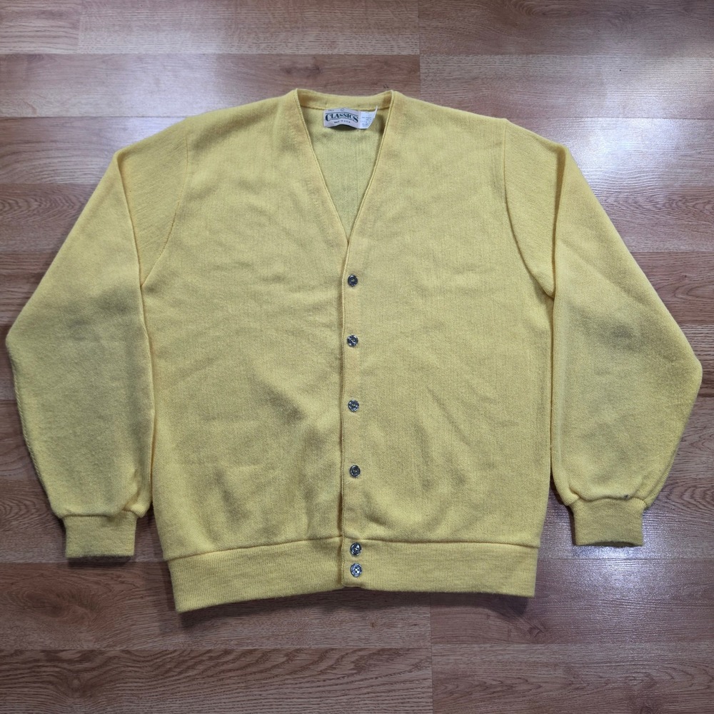 Vintage Classics Cardigan Sweater Men L Tall Yellow Orlon Acrylic V Neck USA 70s